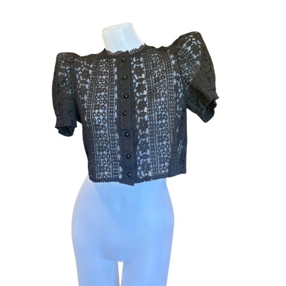 Black Eyelet Lace Crop Top Puff Sleeve Button Up Blouse Victorian Mob Wife M